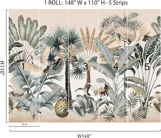 Zeeko Tropical Wall Mural 148" W x 110" H Jungle Forest Peel and Stick Wall Mural Self-Adhesive Crane & Palm Tree Leaf Design Removable Large Wallpaper for Bedroom Living Room Accent Wall