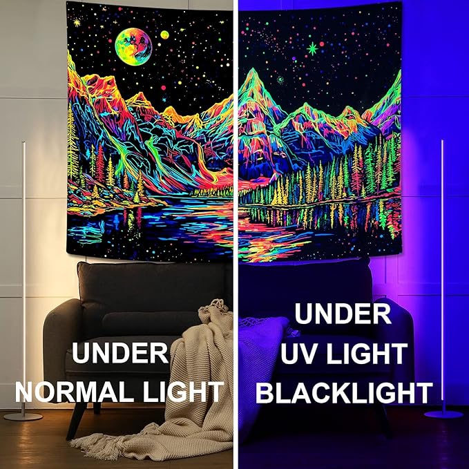 Zussun Blacklight Mountain Forest Tapestry for Bedroom Aesthetic Hippie Pine Tree River Lake Tapestries Wall Hanging Glow in The Dark Moon and Stars Wall Tapestry for Living Room Dorm 80 × 60 Inch