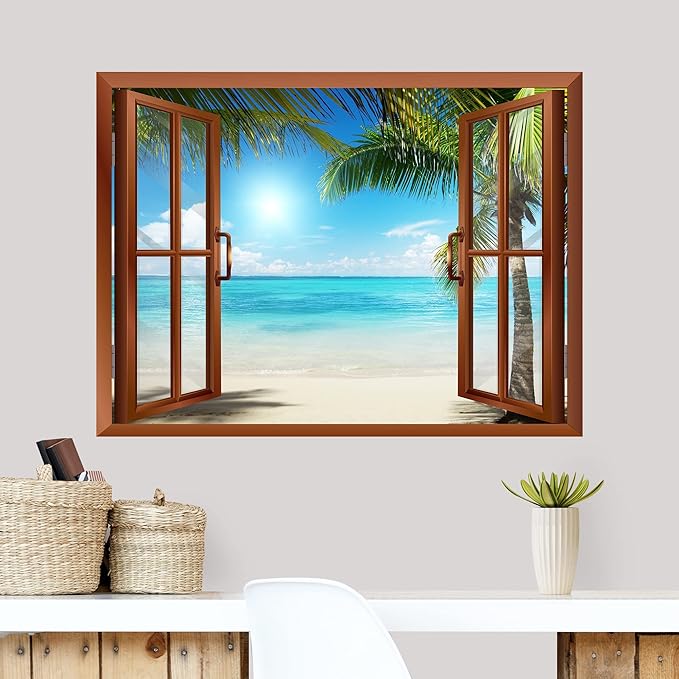 wall26 Beautiful Landscape of Palm Tree on The Beach and Clear Sea from Inside a Window Removable Wall Sticker/Wall Mural - 24"x32"