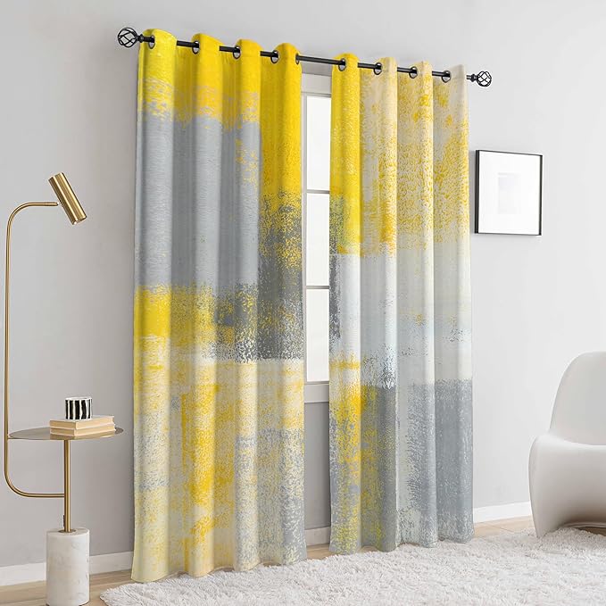 Yellow Window Curtain Yellow Grey Abstract Thermal Insulating Drapes Rust Art Treatment Drapes Modern Curtains for Living Room Bedroom Hotel, 52" x 63", 2 Panels