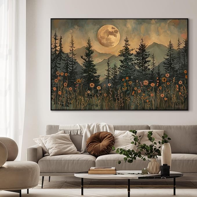 46"x72" XL Framed Wall Art - Enchanted Forest Nightscape with Moon Nature (Frame Assembly Required)