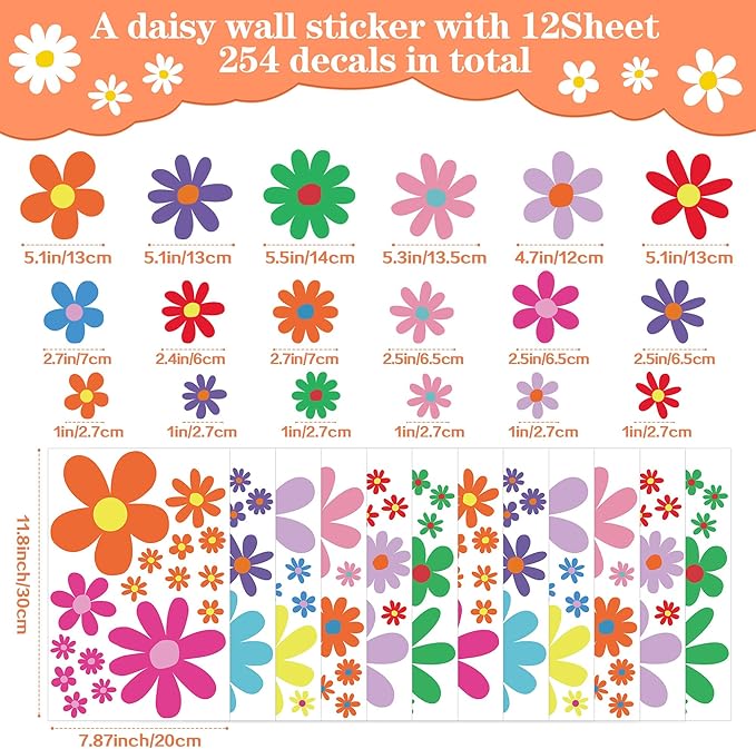 12 Sheets Daisy Wall Decals Boho Flower Wall Stickers Cute Kids Girls Room Decor Peel and Stick Floral Decals Toddler Nursery Playroom Living Room Bedroom Classroom Retro Hippie Decor Bright Style