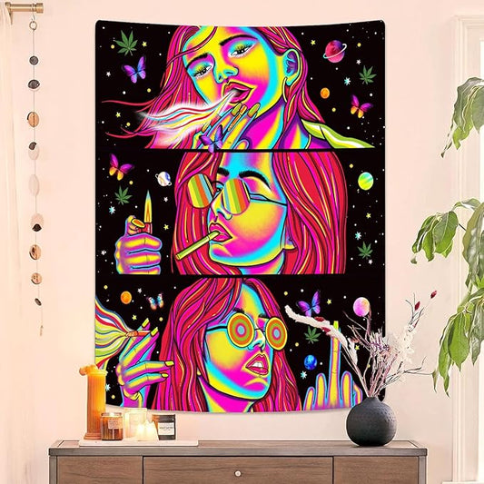 51”x59” Hippie Hippy Wall Tapestry Trippy Smoking Tapestry Blacklight Tapestries for Stoner Bedroom Room Decor Weed Accessories Smoke Tapestrys Marijuana Cannabis High ST Poster Trippy Room Decor