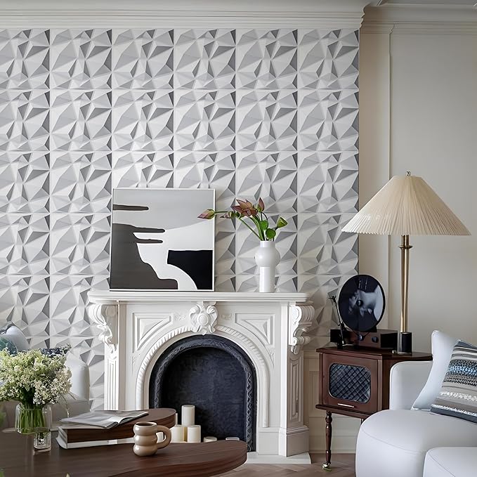 AMIGO 20-Piece 3D Wall Panels Diamond Pattern, High-Strength PVC, 12''x12'' Deformation-Resistant, Recyclable, Waterproof, Heat-Resistant, Odorless, Matte White