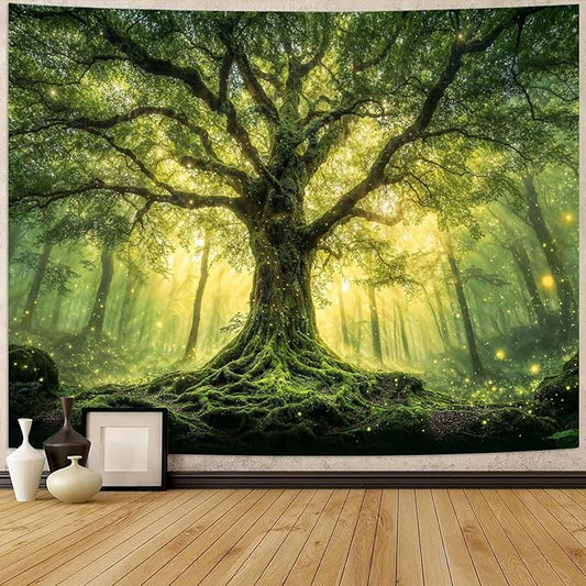 Zussun Green Tree of Life Tapestry Fantasy Fairy Forest Wall Tapestry for Bedroom Aesthetic Nature Misty Woodland Small Tapestries Wall Hanging for Dorm Living Room Decor 60 x 44 Inch