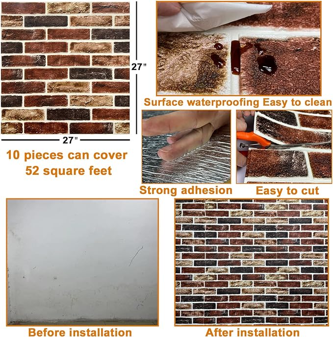 10-Pack 52 Sq.Ft 3D Wall Panels Peel and Stick 3D Faux Brick Wallpaper Peel and Stick Red Brown Faux Stone Wall Panel Foam Brick Self-Adhesive 3D Wallpaper
