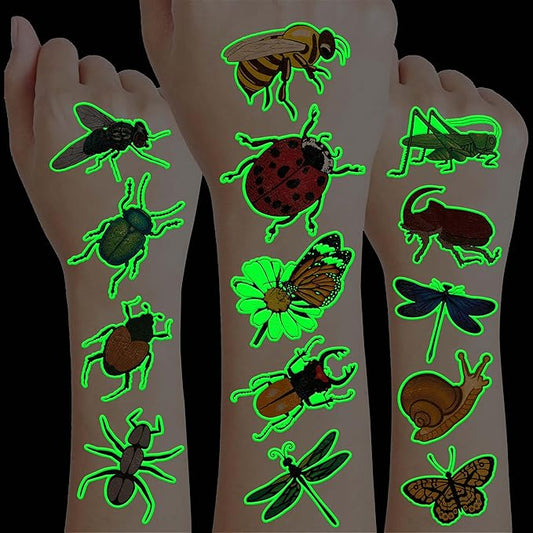 96PCS Glow in The Dark Bug Temporary Tattoos for Kids – Luminous Bug Stickers for Boys Girls Birthday Party Favors, Halloween Decorations, School Rewards, Bug-Themed Gifts (Luminous)
