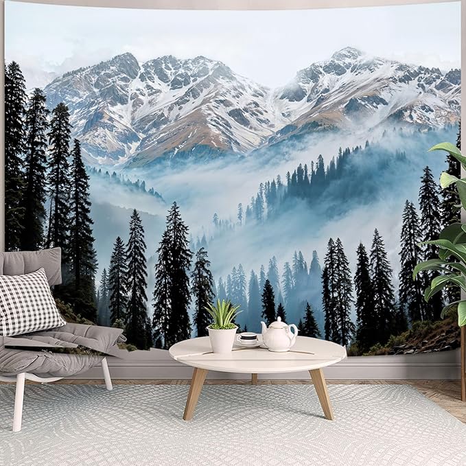 Zussun Nature Mountain Forest Tapestry Pine Tree Jungle Wall Tapestry for Bedroom Aesthetic Misty Snowy Landscape Small Tapestries Wall Hanging for Dorm Living Room Decor 48 x 36 Inch