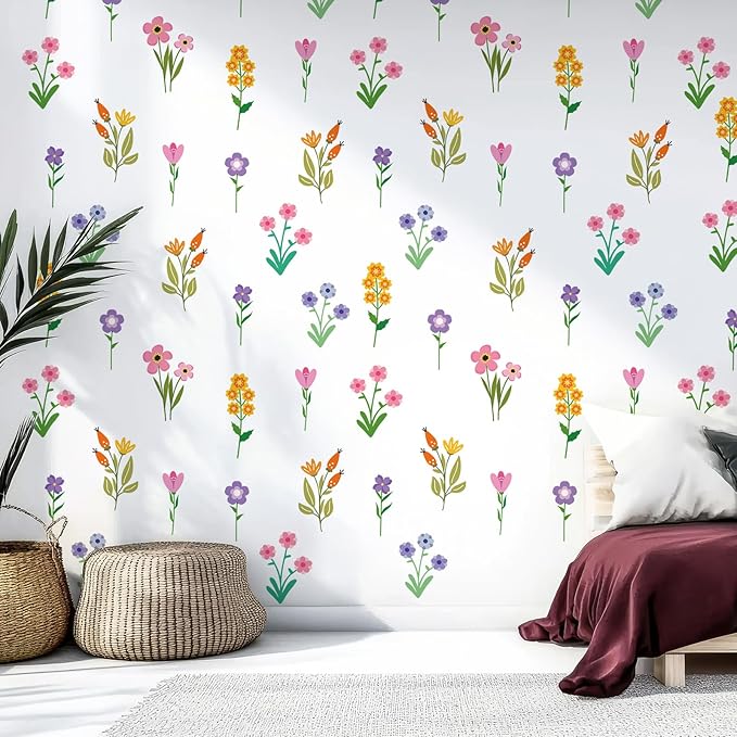 Zonon 6 Pcs Flowers Wall Decals Stickers Vinyl Removable Peel and Stick Colorful Dragonflies Floral Wall Murals Decor for Bedroom Living Room Nursery(Small Flower)