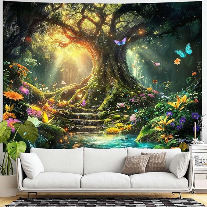 Zussun Fantasy Forest Tapestry Green Tree of Life Fairy Wall Tapestry for Bedroom Aesthetic Nature Floral Butterfly Small Tapestries Wall Hanging for Dorm Living Room Decor 60 x 44 Inch