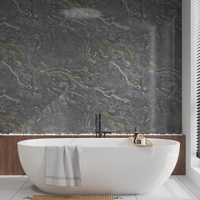 32"x354" Glossy Granite Wallpaper Peel and Stick Countertops Contact Paper Waterproof Removable Grey Gold Wall Paper for Cabinets and Drawers Self Adhesive Marble Vinyl Wallpaper for Kitchen Bathroom