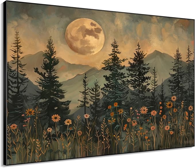 46"x60" XL Framed Wall Art - Enchanted Forest Nightscape with Moon Nature (Frame Assembly Required)
