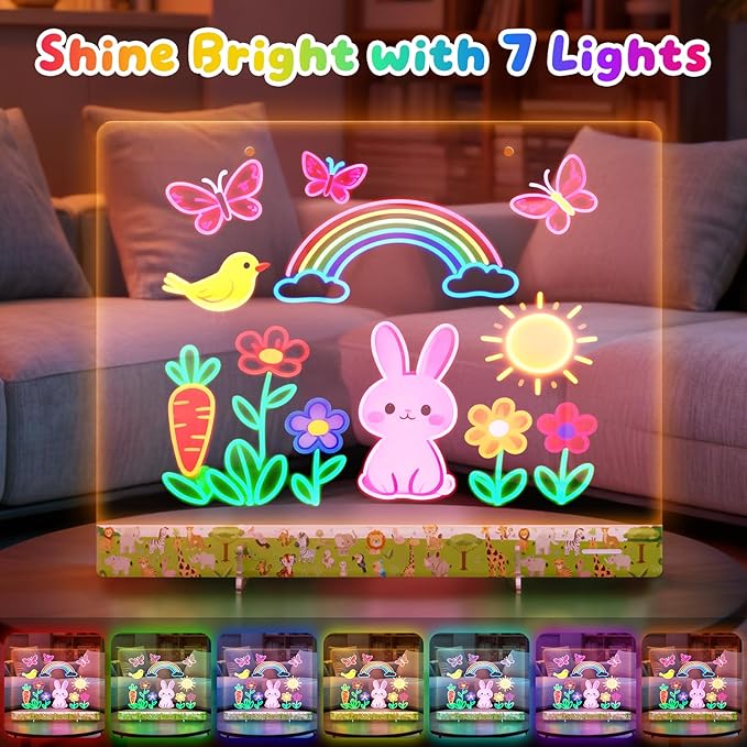 16" LumiBoard LED Drawing Board for Kids - 7 Colors & 10 Modes Rechargeable Acrylic LED Note Board with 7 Markers Cleaning Kit, Sketching & Birthday Gifts for Kids/Girls/Teens（Animals）