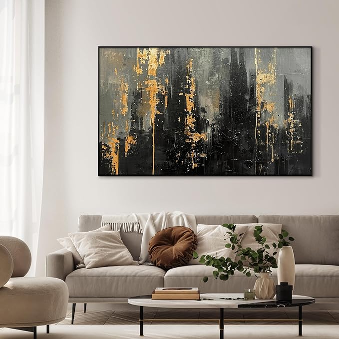 36"x60" XL Framed Wall Art - Modern Black and Gold Urban Wall Art (Frame Assembly Required)