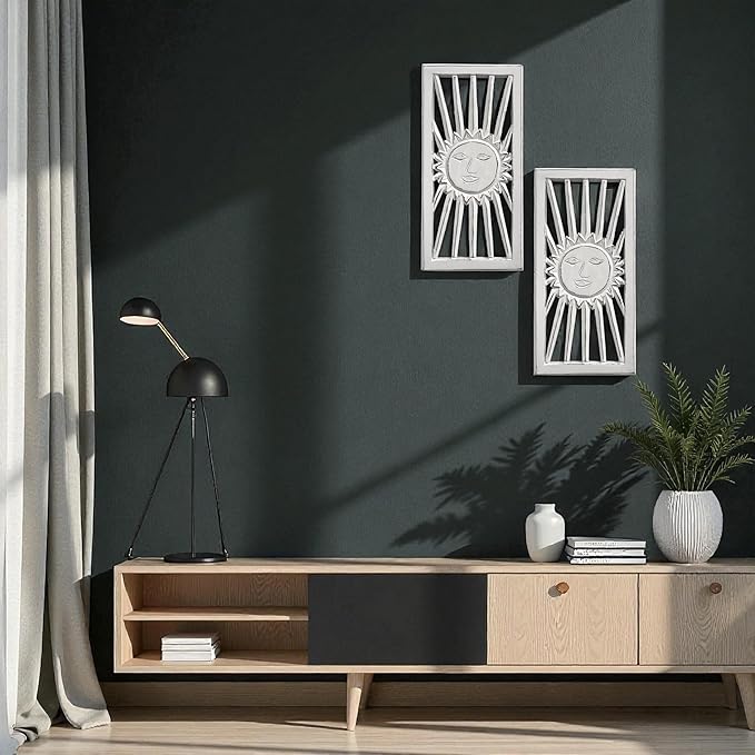 Wood Wall Art - Wall Panels in Handcrafted Carved Wood For Livingroom Bedroom,Dining room,Elegant Decorative Wall Art for Home & Office 8x16" Set of 2 White Antique_Sun Burst Designs