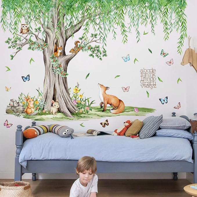 AM AMAONM Large Removable Watercolor Tree with Hanging Green Leaves Vine Wall Sticker Cartoon Animals Wall Decal Peel and Stick Flower Decor for Kids Bedroom Nursery Living Room