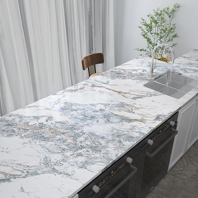 32"x354" Large White Bule Marble Paper Thick Vinyl Granite Adhesive Waterproof peel and stick Wallpaper Textured kitcheh Barthroom Countertops Contact Paper Wall Sticker Top Wall Mural Backsplash Wrap