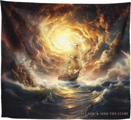 Xolytar Fantasy Pirate Ship Tapestry Set Sail - Dark Academia Room Decor, Vintage Nautical Ocean Storm Wall Art, Motivational Quote for Boys Bedroom, Man Cave (50x60)