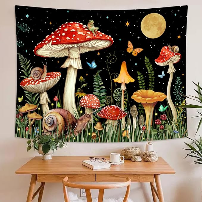 Zussun Red Mushroom Tapestry Moon Star Tapestries for Bedroom Aesthetic Starry Night Green Plant Tapastrys Wall Hanging Butterfly Snail Frog Wall Tapestry for Living Room Dorm (Black, 90" x 68")