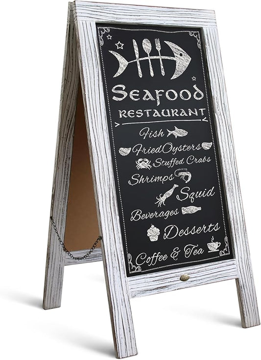 A Frame Chalkboard by HBCY Creations: 40x20 Solid Wood A-Frame Sign Whitewashed Double-Sided Magnetic Board, Chalkboard Menu Board, for Restaurants, Cafés, Weddings - Heavy Duty Hinges
