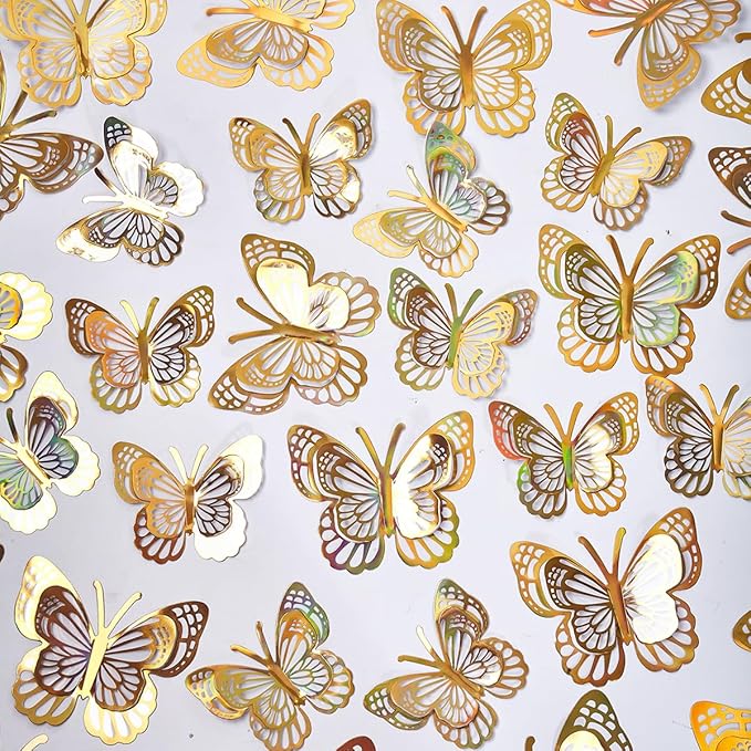 36PCS Butterfly Wall Decals - Gold Butterfly Stickers Mural Wall Decor Home Room Bedroom Decor, Removable Reusable Stickers