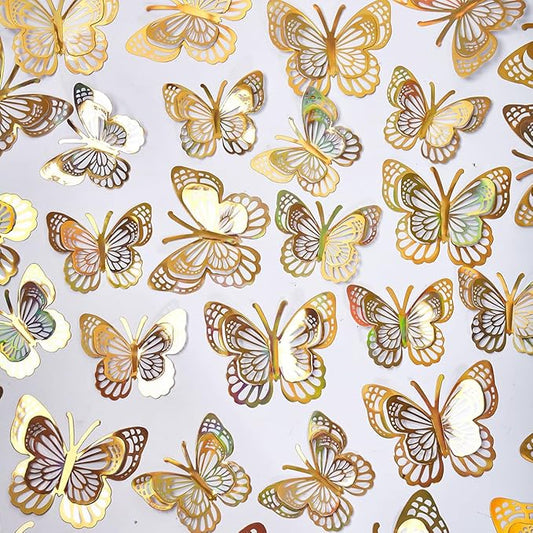 36PCS Butterfly Wall Decals - Gold Butterfly Stickers Mural Wall Decor Home Room Bedroom Decor, Removable Reusable Stickers
