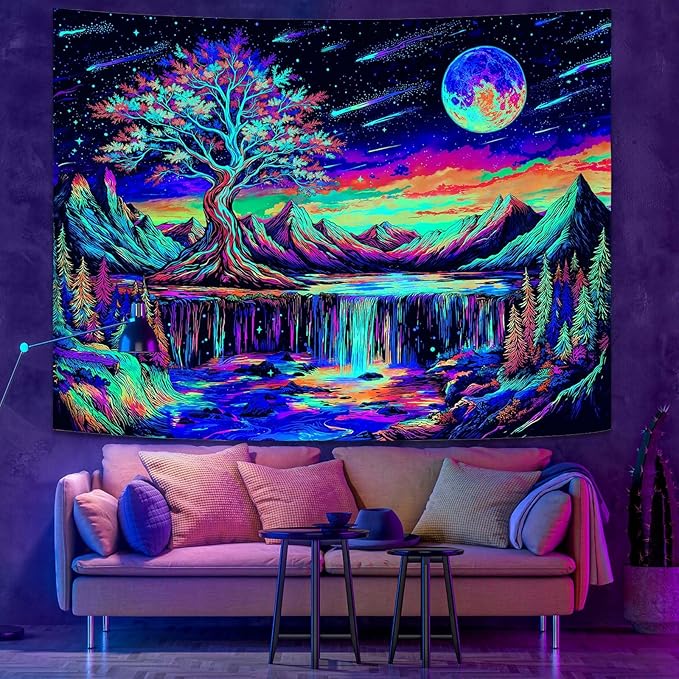 Zussun Blacklight Tree of Life Tapestry UV Reactive Moon Mountain Forest Waterfull Tapestry for Bedroom Aesthetic Nature Small Tapestries Wall Hanging for Dorm Living Room Decor 60 x 44 Inch