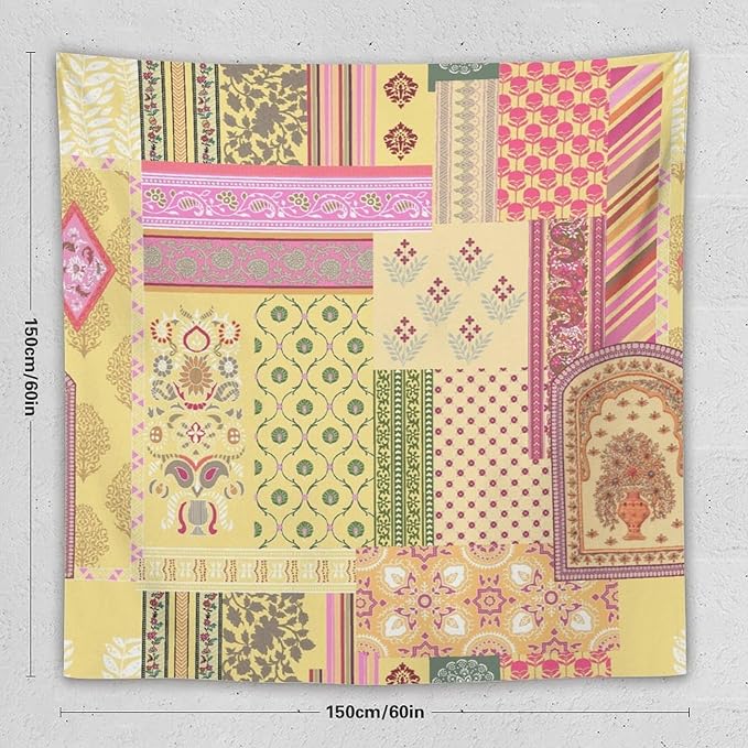 ZhiRain Patchwork Bohemian Tapestry Wall Hanging Colorful Boho Flower Floral Botanical Vintage Retro Indian Tapestries Home Decor for Living Room Bedroom Apartment Farmhouse Dorm 60"x60"