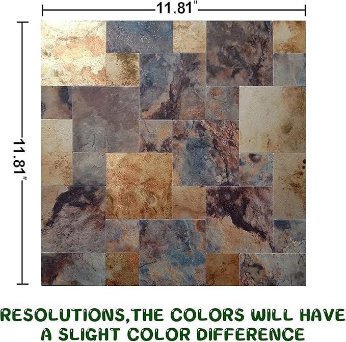 YMMXGE 10-Sheet Peel and Stick Backsplash Stone Tiles, Brushed Aluminum PVC Surface Metal Mosaic Sticker for Kitchen Wall (11.81"x11.81"Per Sheet) (10, Golden & Brown)