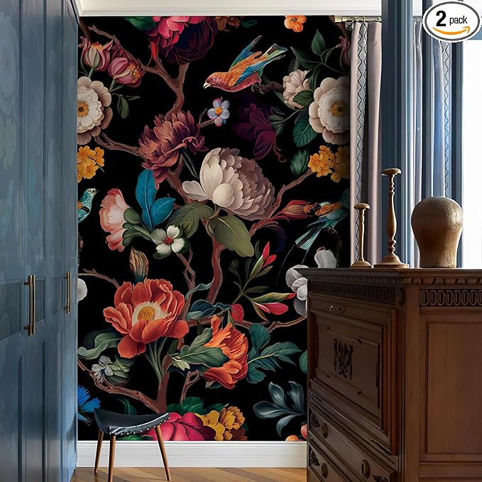 Zeeko Floral Wallpaper Black Peel and Stick Wall Mural Canvas Fabric Vintage Wallpaper for Room TV Background(59" x 98") Large Wall Paintings Home Decor
