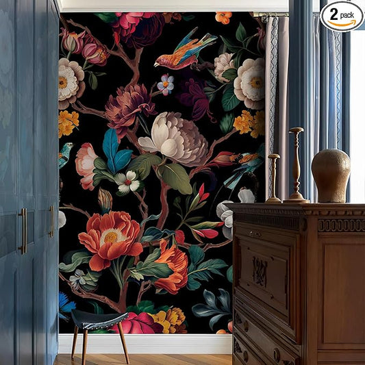 Zeeko Floral Wallpaper Black Peel and Stick Wall Mural Canvas Fabric Vintage Wallpaper for Room TV Background(59" x 98") Large Wall Paintings Home Decor