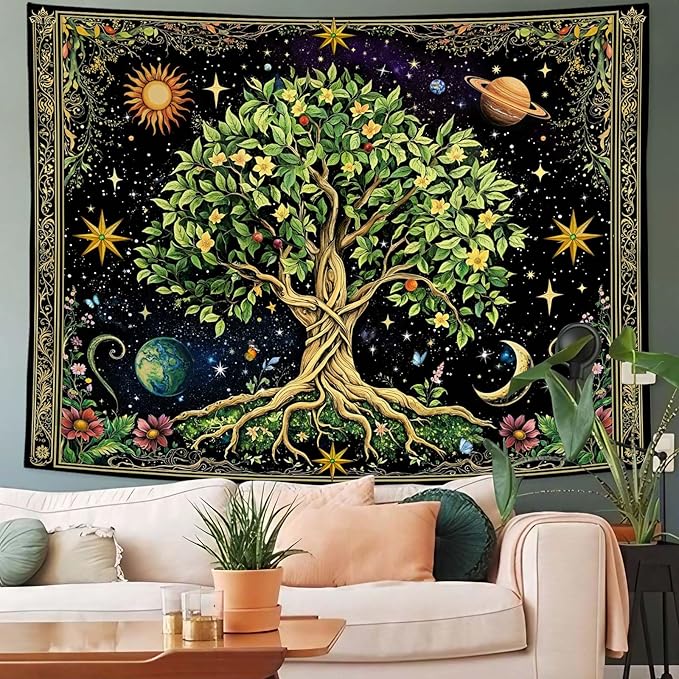 Zussun Tree of Life Tapestry Vintage Nature Green Plant Floral Flowers Celestial Tapestries for Bedroom Aesthetic Retro Sun Moon Stars Galaxy Tapestry Wall Hanging for Dorm Living Room 60 x 44 Inch