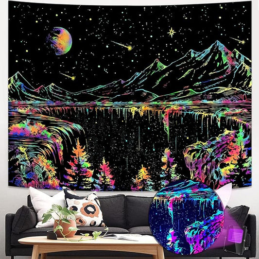 Zussun Blacklight Mountain Tapestry Starry Night Tapestries for Bedroom Aesthetic Moon and Stars Tapastry Wall Hanging Glow in The Dark Nature Forest Wall Tapestry for Living Room Dorm (60'' × 44'')