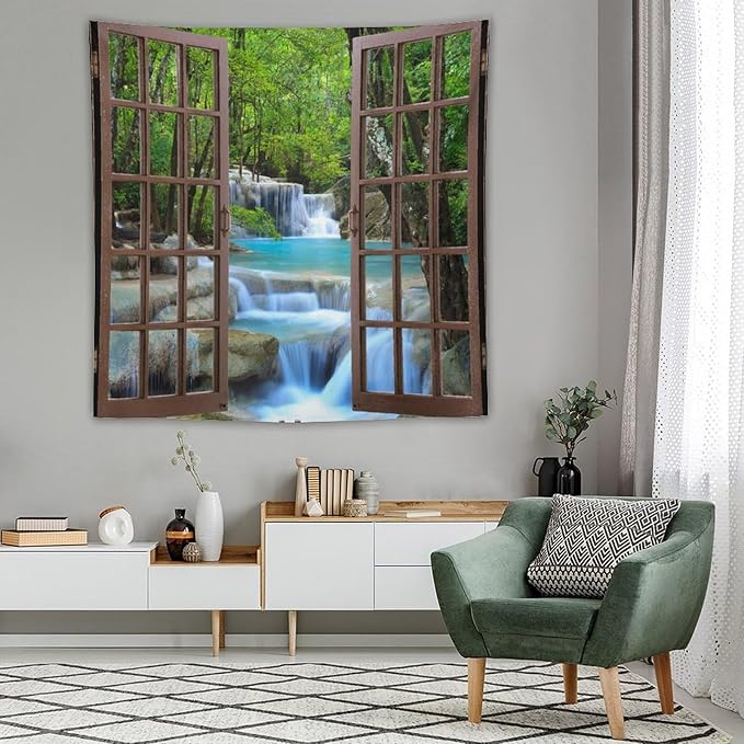 ZhiRain Waterfall Tree Landscape Tapestry Wall Hanging Natural Scenery Forest Garden Spring Stone River Tapestries Home Decor for Living Room Bedroom Apartment Farmhouse Dorm 60"x60"
