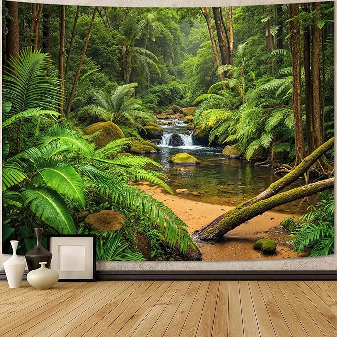 Zussun Nature Forest Tapestry Green Rainforest Tree Wall Tapestry for Bedroom Aesthetic Stream Landscape Small Tapestries Wall Hanging for Dorm Living Room Decor 48 x 36 Inch