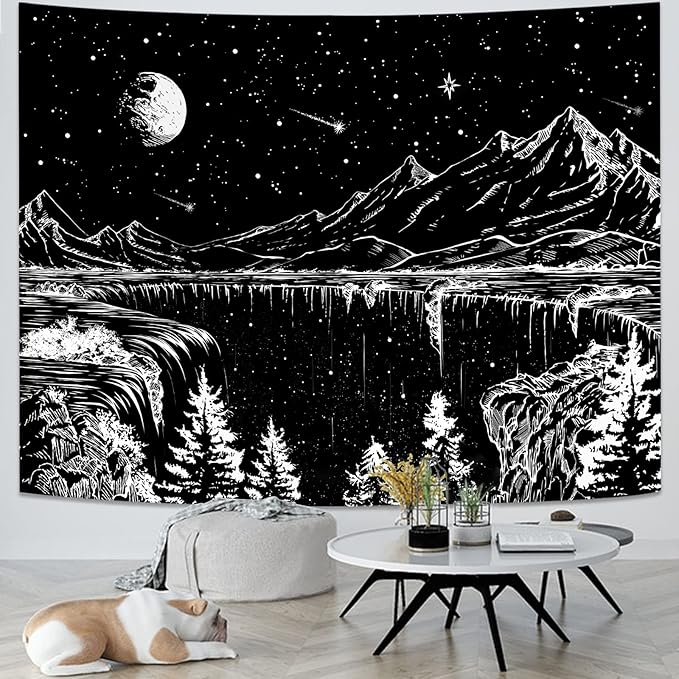 Zussun Black and White Tapestry Starry Night Mountain Tapestries for Bedroom Aesthetic Moon and Stars Tapastry's Wall Hanging Dark Nature Forest Wall Tapestry for Living Room Dorm (90'' × 68'')