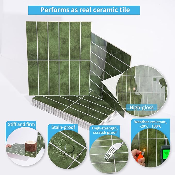 Art3d 10-Sheet Faux Marble Peel and Stick Backsplash Tile for Kitchen Wall Bathroom Countertops, 11.4 inch x 9.1 inch Stick-on Glazed-Ceramic Finish Resist to Water, Heat and Scratches, Green