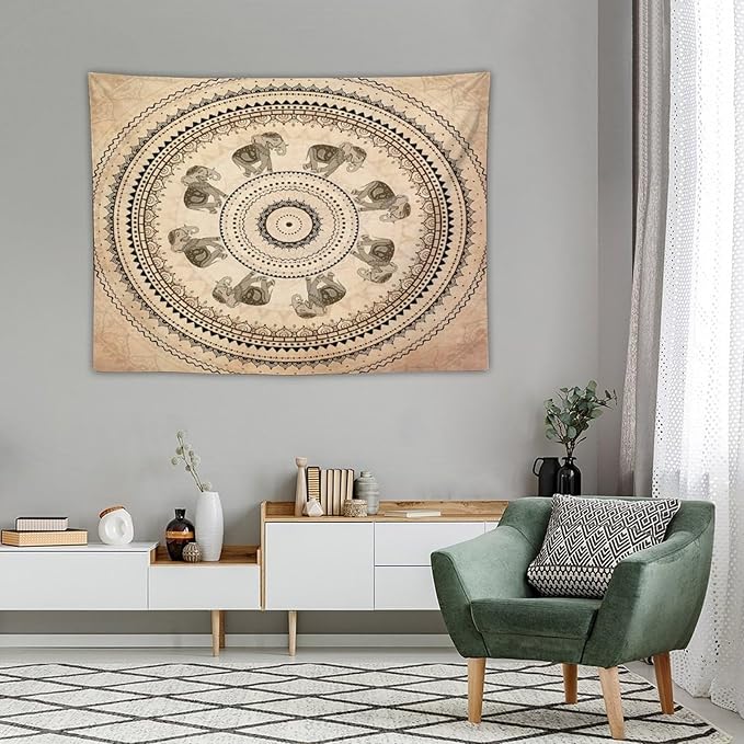 AAVEUP Indian Hippie Bohemian Psychedelic Tapestry Bohemian Brown Abstract Geometric Mandala Flower Vintage Elephant Texture Tapestries for Bedroom Dorm Living Room Decor 30x30in