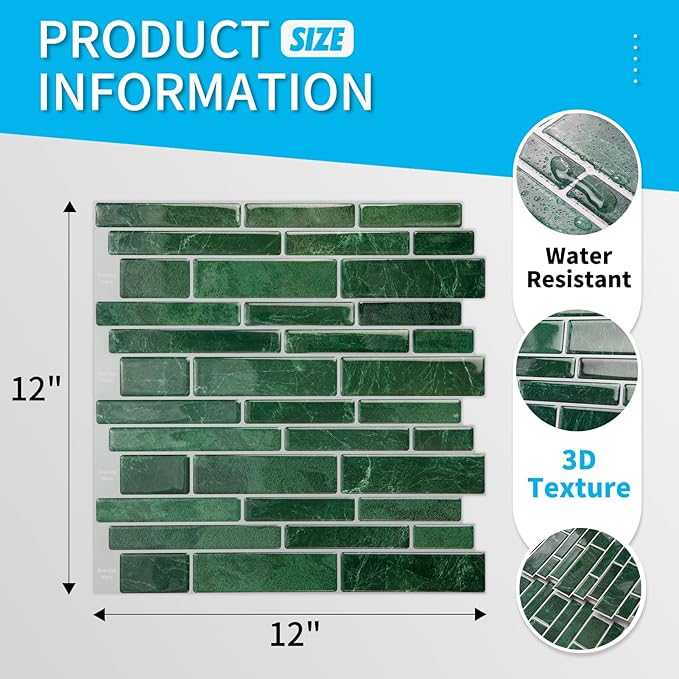 Art3d 10-Sheet Peel and Stick Backsplash Tile, Vinyl Stick On Wall Tile for Kitchen Bathroom Laundry Room, Marble Design 12" x 12" - Green