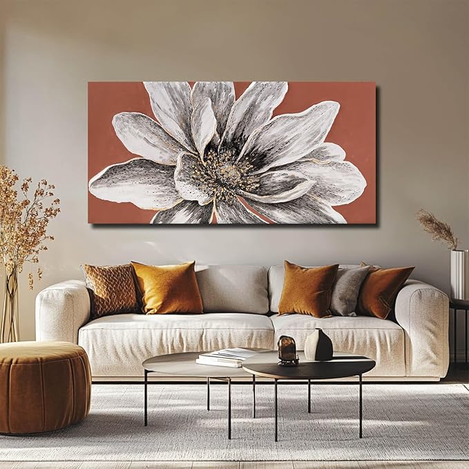 ZHENGYIN Floral Canvas Wall Art, Textured White Flower Painting with Terracotta Warm Tones, Rustic Modern Farmhouse Wall Decor for Living Room Bedroom, Above Sofa, 24x48 Inch