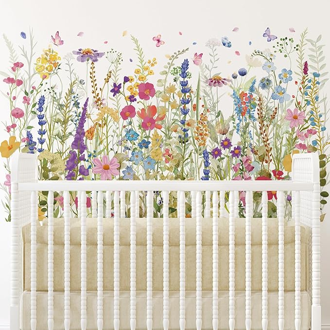 Zonon 6 Pcs Flowers Wall Decals Stickers Vinyl Removable Peel and Stick Colorful Dragonflies Floral Wall Murals Decor for Bedroom Living Room Nursery (Wildflowers)