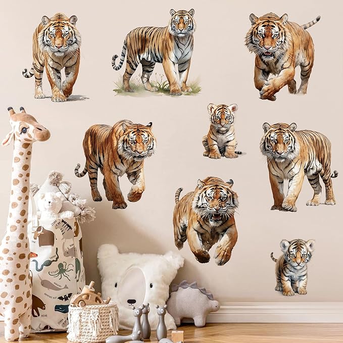 AM AMAONM Removable 3D Nature Jungle Wild Animals Wall Stickers DIY Peel and Stick Safari Tiger Lion Elephant Wall Decals Aniaml Wall art Decor for Kids Baby Bedroom Nursery Living Room (Tiger family)