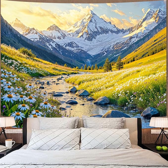Zussun Nature Mountain Tapestry Daisy Flower Yellow Meadow Tapestry for Bedroom Aesthetic Sunlit Valley Snowy Stream Landscape Large Tapestries Wall Hanging for Dorm Living Room Decor 80 x 60 Inch