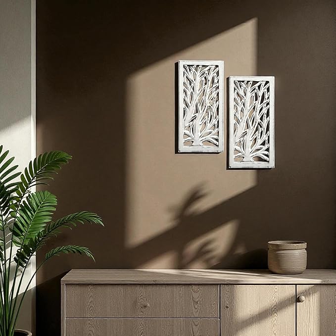 Wood Wall Art - Wall Panels in Handcrafted Carved Wood For Livingroom Bedroom,Dining room,Elegant Decorative Wall Art for Home & Office 8x16" Set of 2 White Antique_Tree Leaf Designs