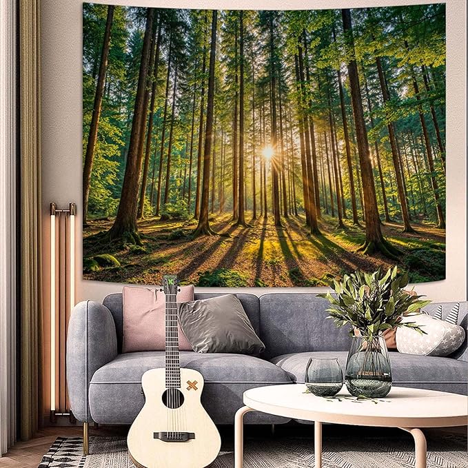 Zussun Nature Forest Tapestry Sunlit Green Woodland Tapestry for Bedroom Aesthetic Lush Trees Landscape Large Tapestries Wall Hanging for Dorm Living Room Decor 80 x 60 Inch