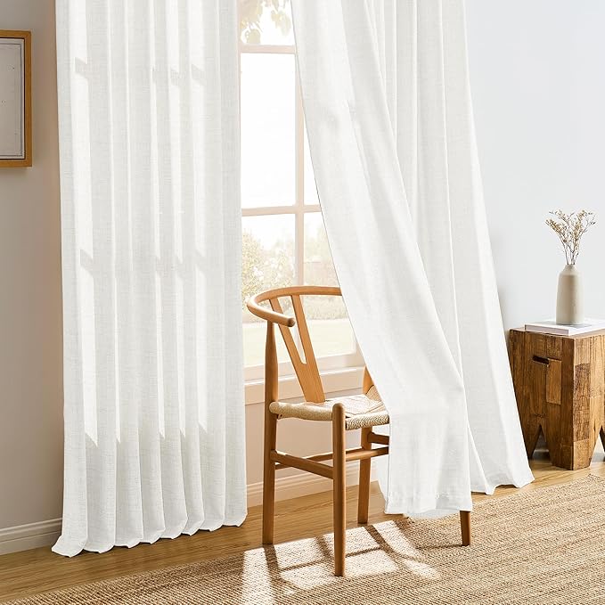 White Pinch Pleated Sheer Curtains 90 Inches Long, Textured Window Treatments Curtain for Bedroom/Living Room 42x90 Inch 2 Panels Back Tab Rod Pocket