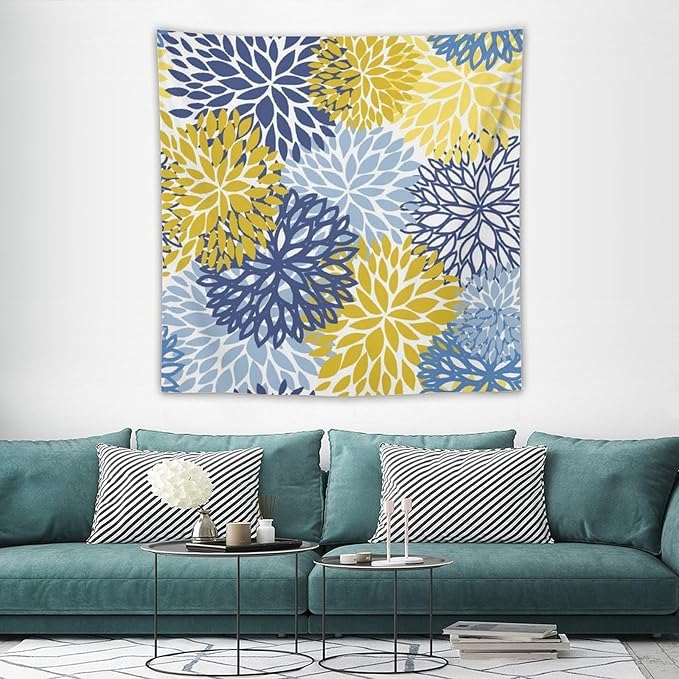 ZhiRain Blue Yellow Floral Tapestry Wall Hanging Boho Dahlia Chrisanthemum Flowers Pattern Tapestries Home Decor for Living Room Bedroom Farmhouse Apartment Dorm 60"x60"