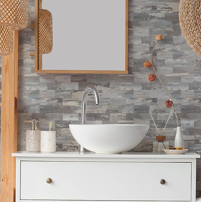 10-Pack Peel and Stick Tile Backsplash 11.3"X11.5" PVC Wall Tiles, Stick on Backsplash for Kitchen, Bathroom, Fireplace Décor, Laundry Table, Stair Decals in Light Rustic