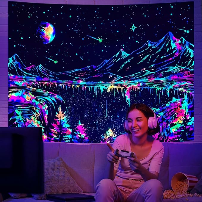 Zussun Blacklight Mountain Tapestry Starry Night Tapestries for Bedroom Aesthetic Moon and Stars Tapastry Wall Hanging Glow in The Dark Nature Forest Wall Tapestry for Living Room Dorm (90'' × 68'')