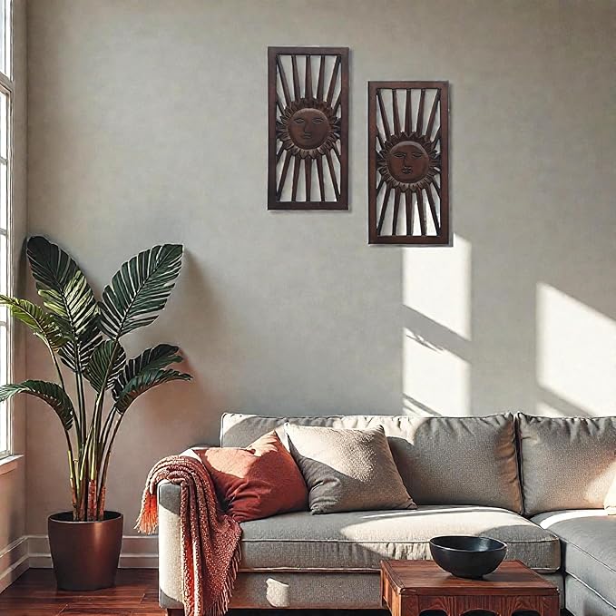 Wood Wall Art -Wall Panels in Handcrafted Carved Wood For Livingroom Bedroom,Dining room,Elegant Decorative Wall Art for Home & Office 8x16" Set of 2 Burnt Brown_Sun Burst Designs